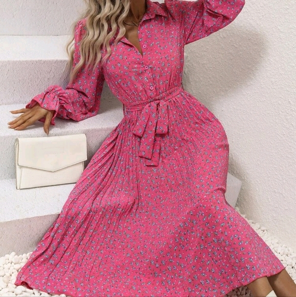 SHEIN Dresses & Skirts - New Ditsy Floral Flounce Sleeve Pleated Hem Belted Shirt Dress XL